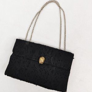 Vintage 1960s MOD Black Brocade Evening Bag Envelope Purse Gold Chain Strap Gem